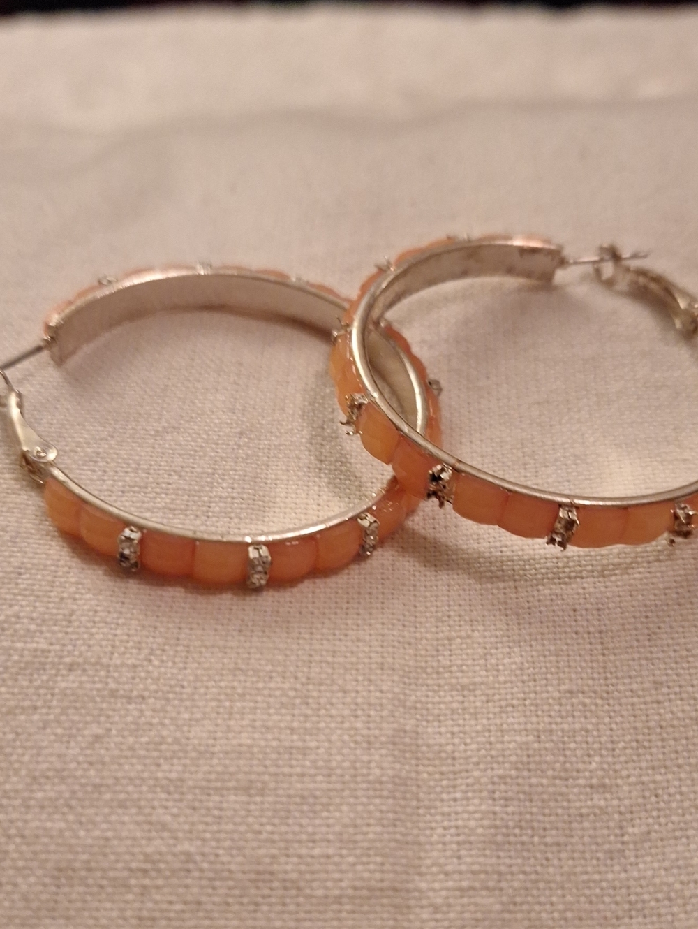Peach Gemstones Hoop Earrings - Women's Fashion Jewelry Approx 2"